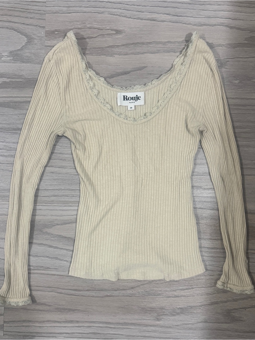 Rouje Paris Ribbed Lace Trim Long Sleeve Top French Girl Chic Soft Girl Size 36